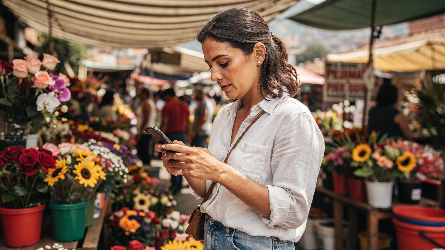 Una viajera revisa su teléfono en un bullicioso mercado de flores en Medellín, Colombia, preparándose para las celebraciones de agosto.