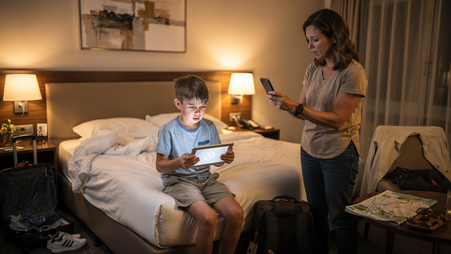 Een moeder toont haar smartphone aan haar 10-jarige zoon, die een geïrriteerde blik werpt naar de melding 'geen internetverbinding' op zijn tablet, wat wijst op een ingestelde schermtijdlimiet.