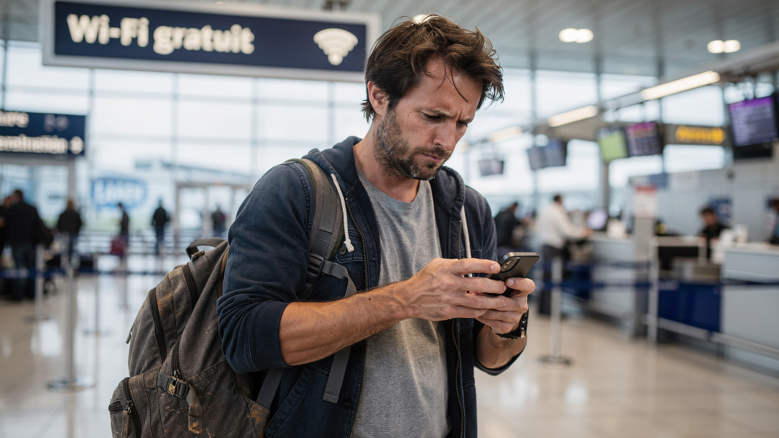 Un voyageur soucieux regarde son téléphone à un comptoir d'aéroport bondé, un panneau "Wi-Fi gratuit" en arrière-plan, symbolisant la recherche de connexion et les coûts cachés du roaming.
