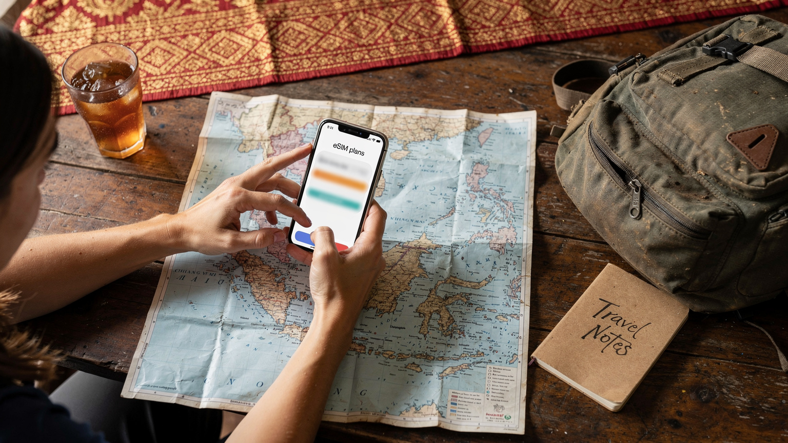 Une routarde planifie son budget data sur une carte physique froissée, son smartphone affichant un comparatif d'eSIM, illustrant la prudence financière en voyage.