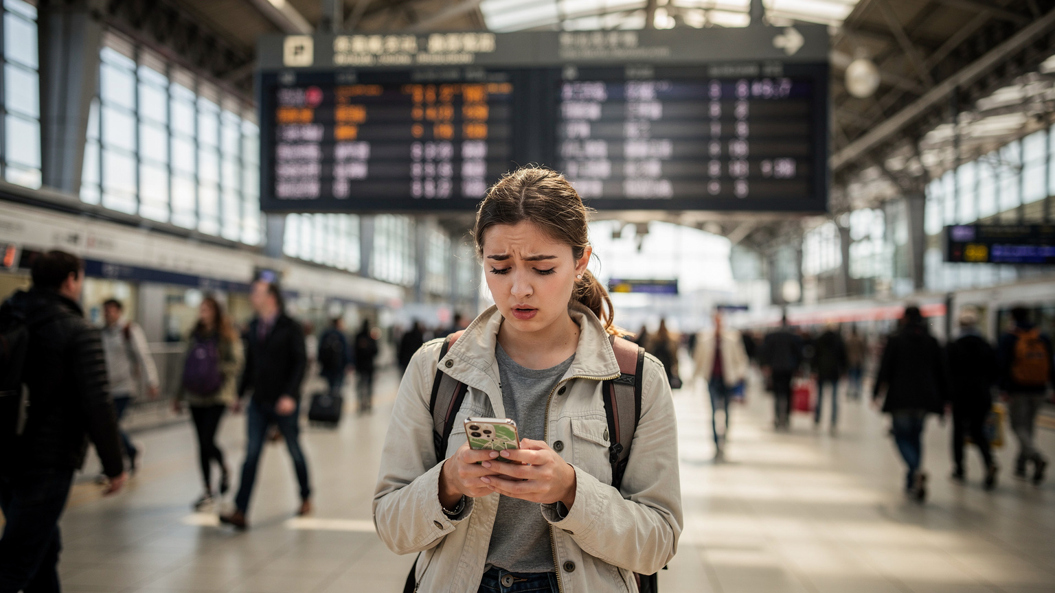 Une femme, l'air perdu, consulte son smartphone devant une gare animée, avec des panneaux de train dans une langue étrangère en arrière-plan, illustrant la difficulté de navigation sans connexion fiable.