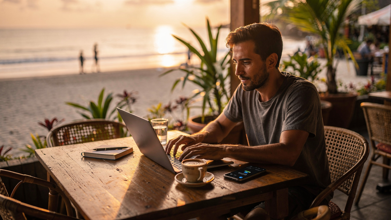 A digital nomad happily working on a laptop at a beachside cafe in Sanur, Bali, with a smartphone displaying a connected network signal next to them, enjoying seamless internet access.