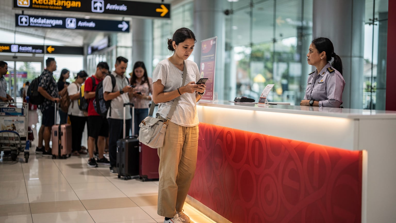 A traveler looking at a Telkomsel kiosk in Denpasar airport, looking slightly bewildered by the forms and queue, with other travellers waiting in line behind them.