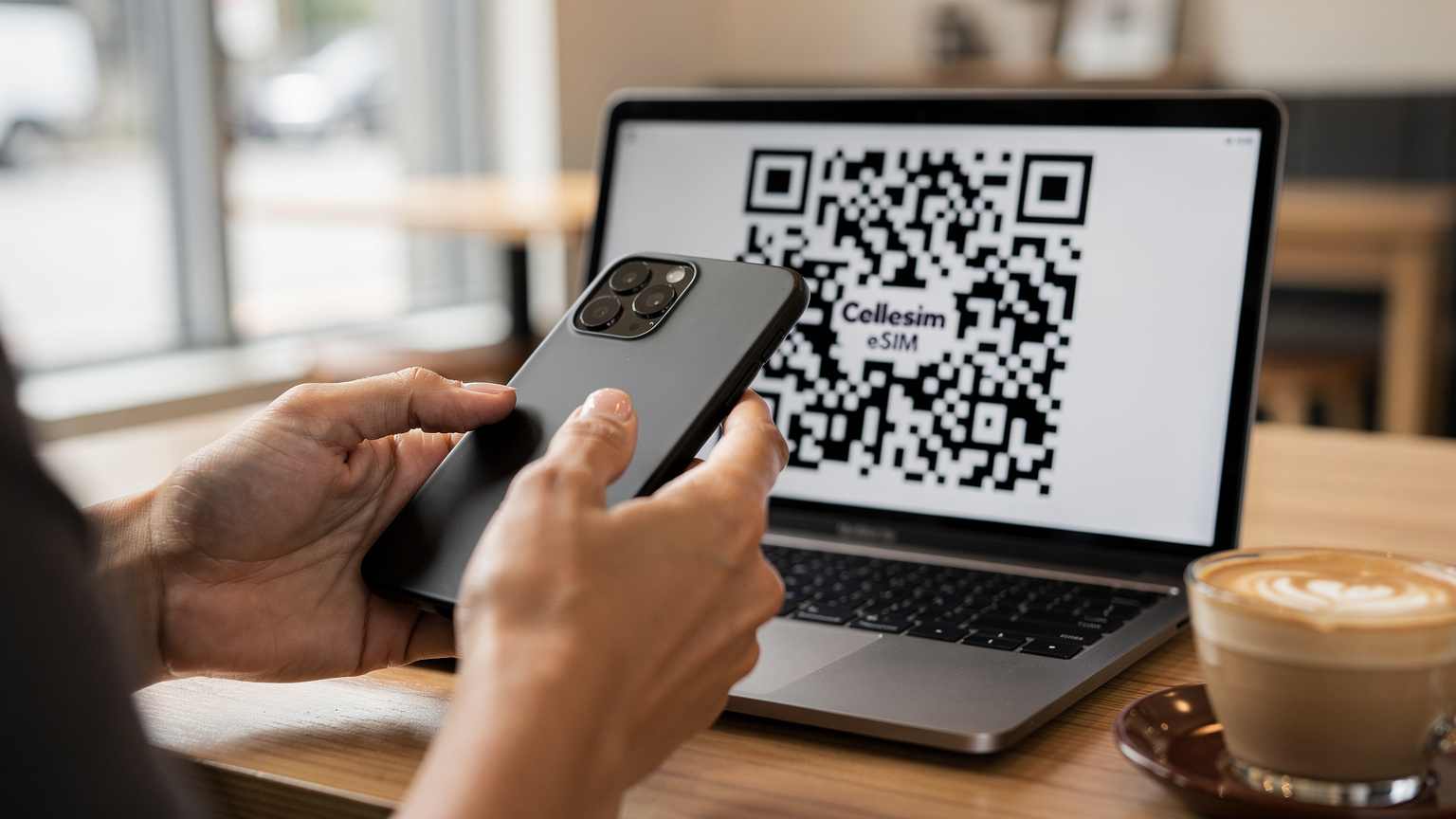 A close-up of a traveler's hands holding a smartphone, with a Cellesim QR code on a laptop screen in the background, showing the ease of eSIM activation in a bright, modern cafe setting.