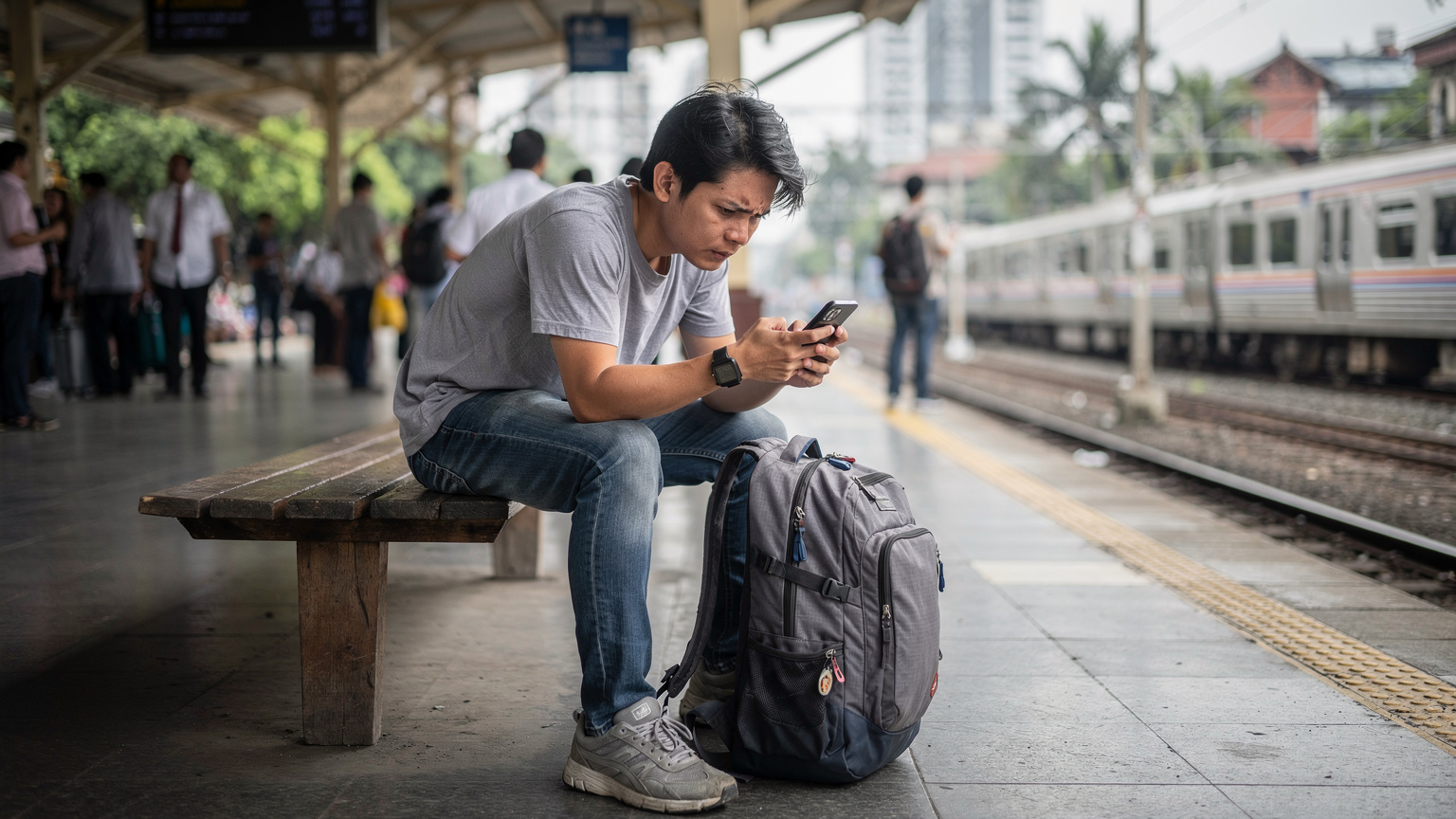 A traveler looking at their smartphone with a frustrated expression, sitting on a bench at a busy train station in Jakarta, perhaps struggling with network connectivity or a dead battery.