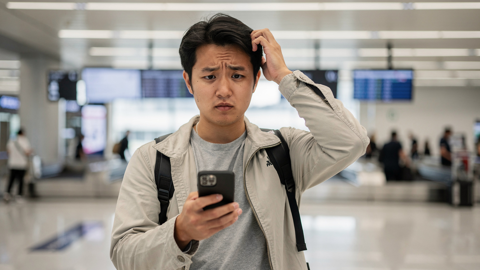 仁川国際空港の到着ロビーで、スマートフォンを操作し、eSIMの設定に少し困っている日本人旅行者。