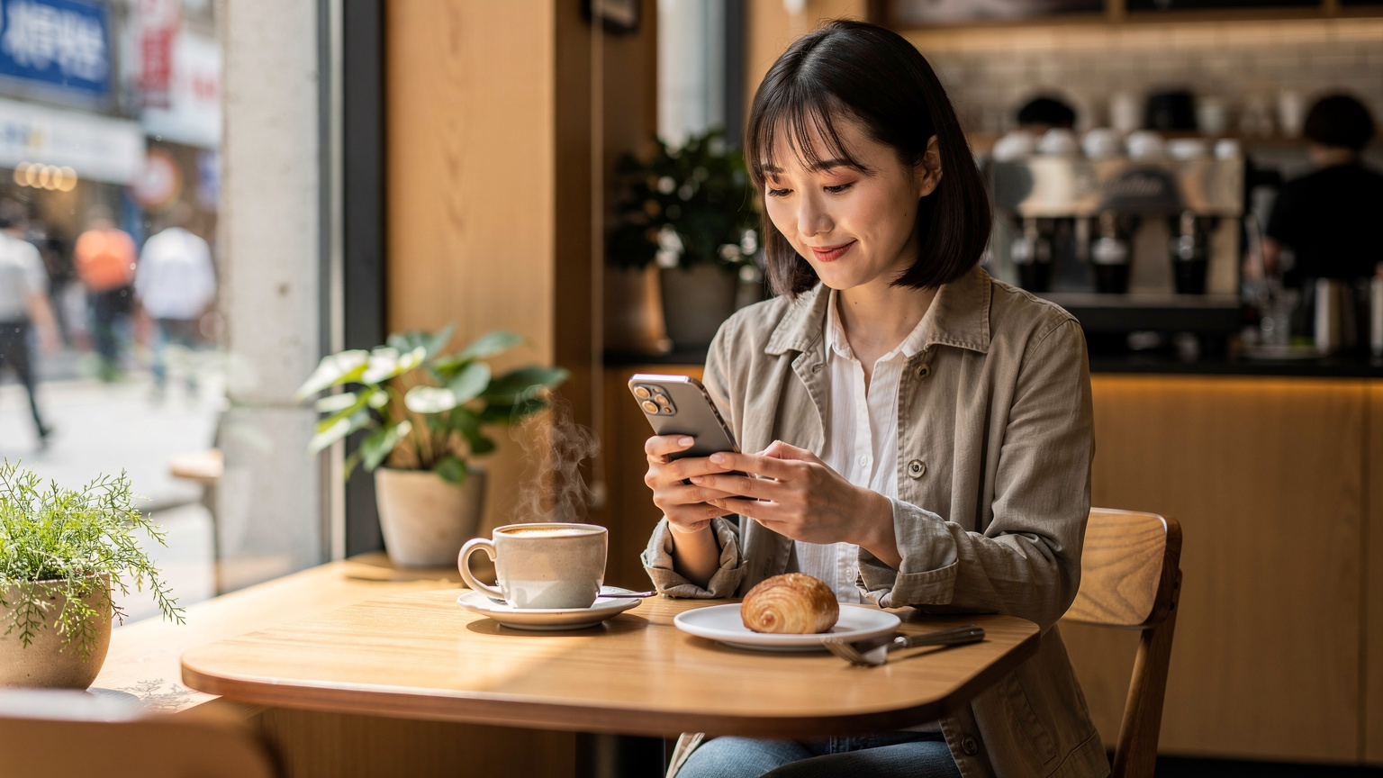 ソウルの賑やかなカフェで、快適なWi-Fiを利用して次の観光地を調べている日本人旅行者。