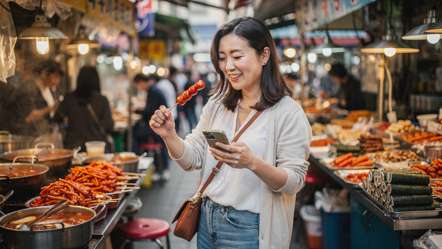 ソウルの伝統的な市場で、屋台料理を楽しむ日本人旅行者。手元にスマートフォンがあり、情報検索や写真撮影に使われている。