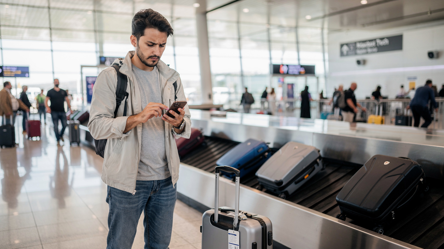 İstanbul Havalimanı'nda valizini bekleyen bir gezgin, telefonunda eSIM ayarlarını kontrol ederken hafifçe endişeli bir ifadeyle ekrana bakıyor.