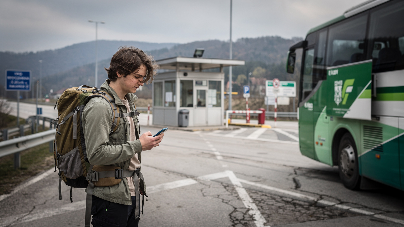 Bosna Hersek ile Sırbistan arasındaki sınır kapısında, bir otobüs beklerken genç bir gezgin telefonunda haritaları kontrol ediyor.