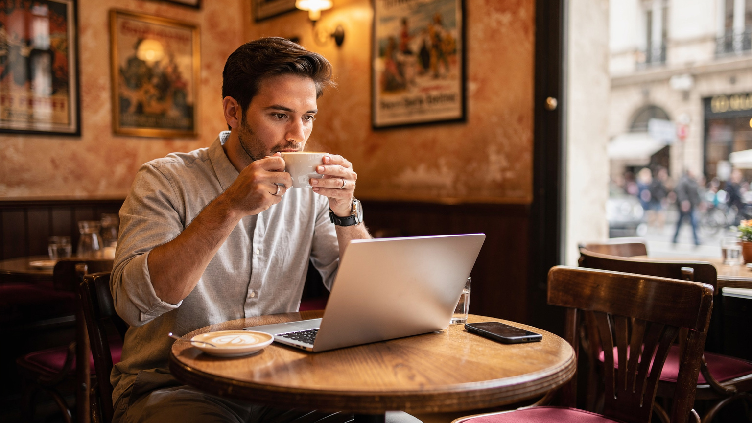 A person sits in a cozy European cafe, sipping coffee and using their laptop, with a smartphone visible on the table, indicating reliance on Wi-Fi.