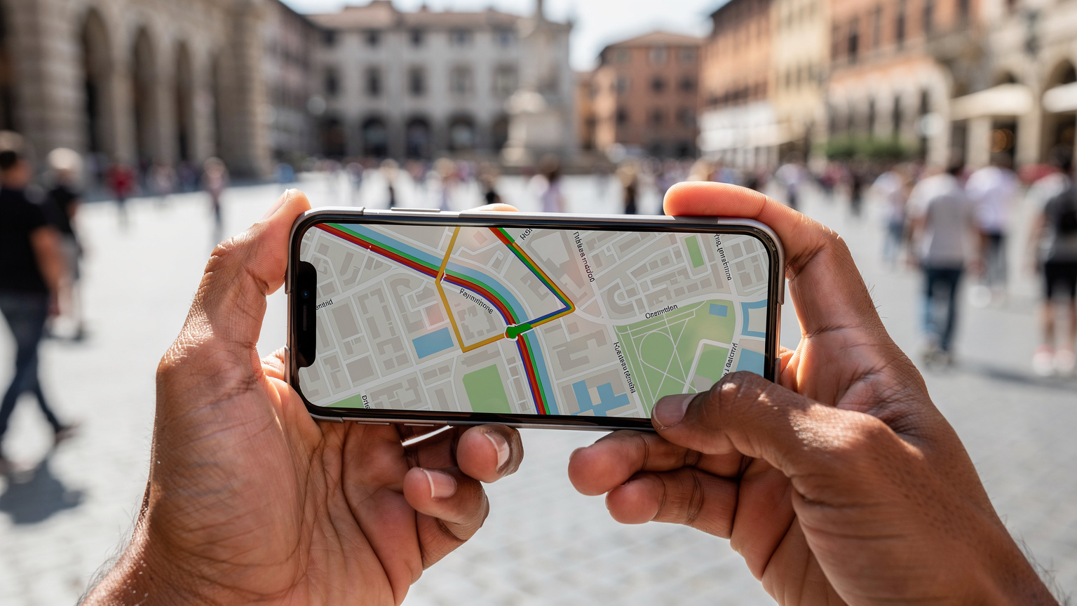 A close-up of a smartphone displaying a map application, held in a traveler's hands against the blurry backdrop of a historic European city square.