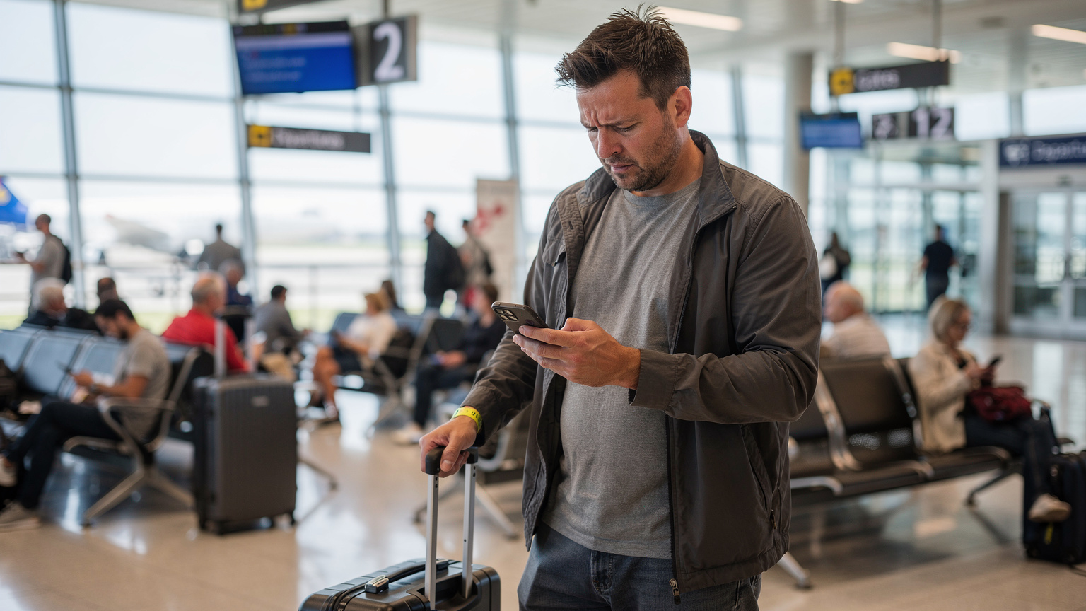A traveler looks frustratedly at their phone in a crowded European airport terminal, indicating a connectivity issue or low battery.
