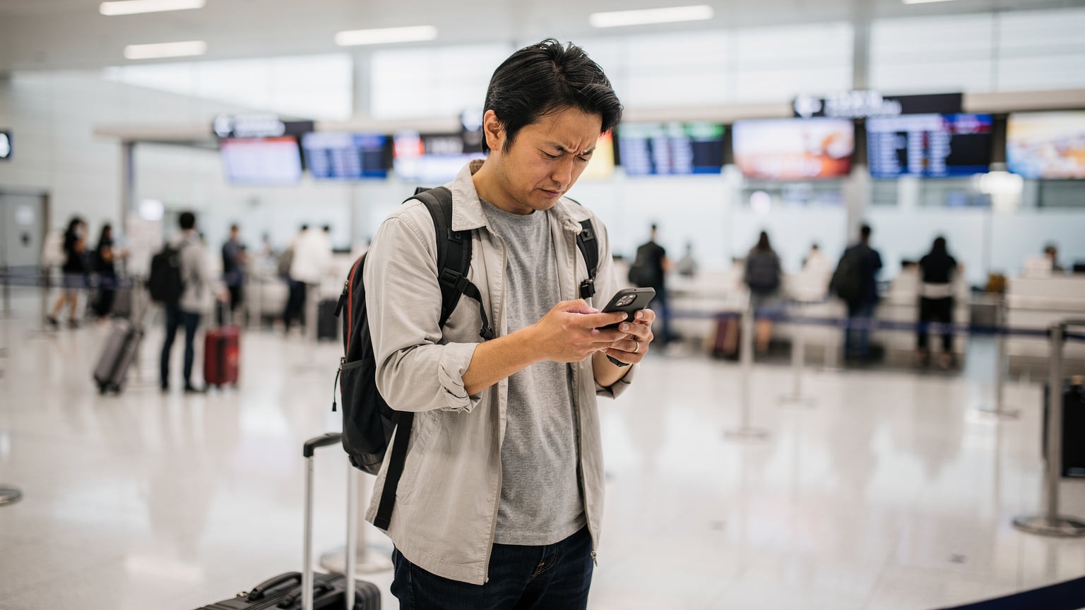 空港のチェックインカウンターで、スマートフォンを操作しながら困った表情を浮かべている旅行者。周りの人々は忙しそうに移動している。