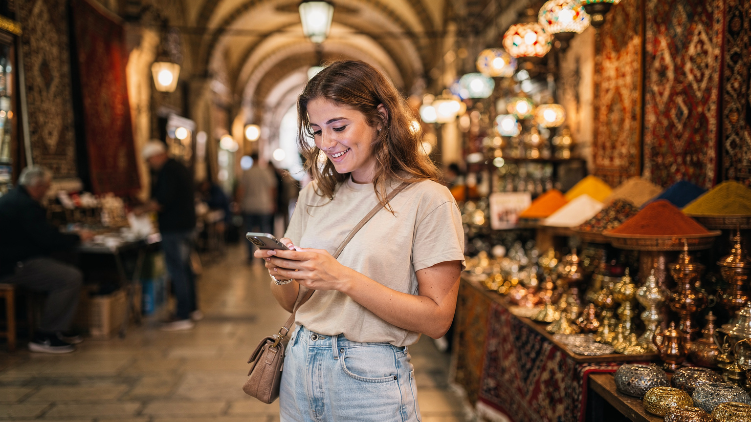 Una mujer joven en el Gran Bazar de Estambul, sonriendo mientras consulta su teléfono para encontrar la próxima tienda de especias, con coloridos puestos de souvenirs en el fondo.