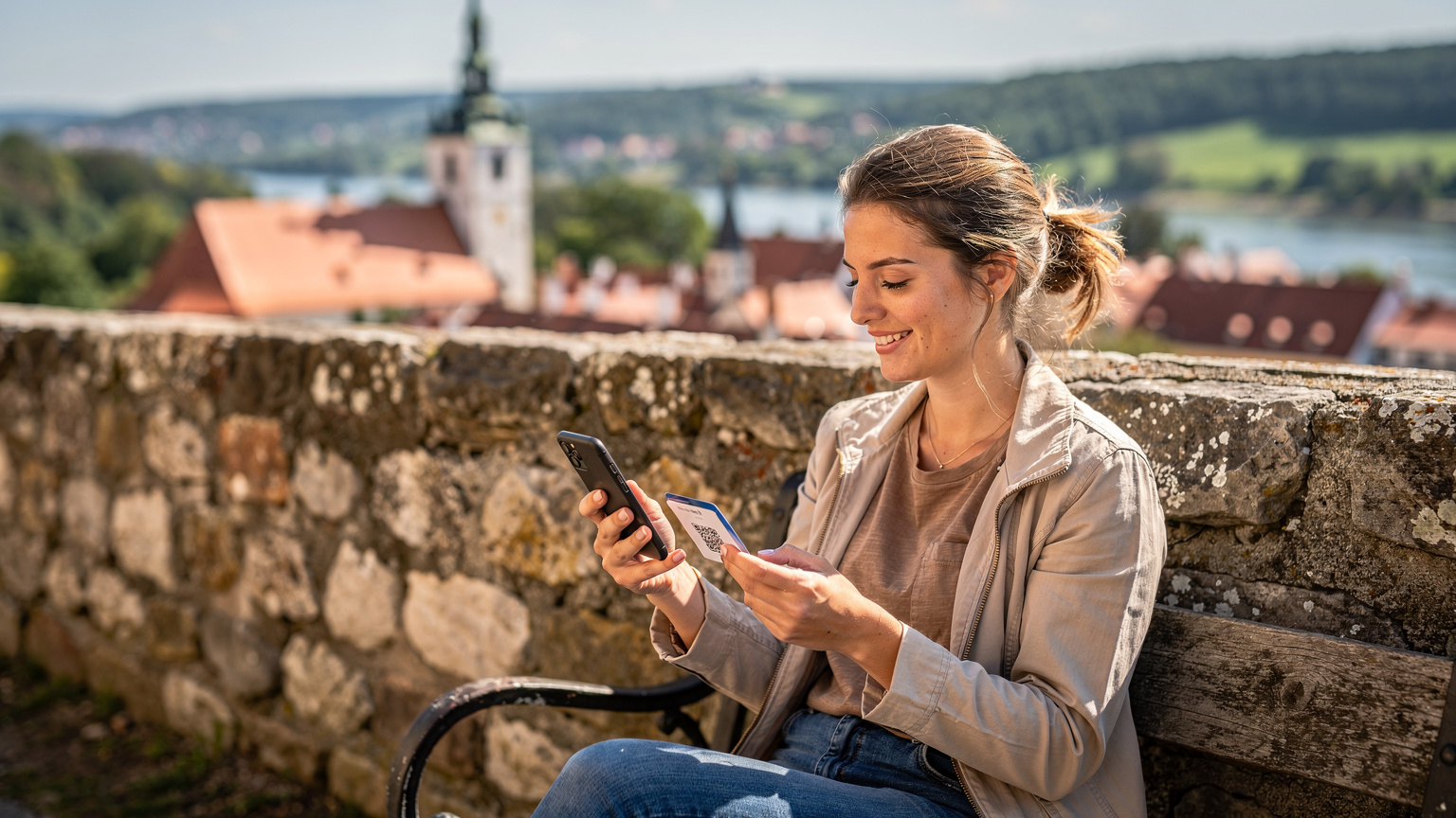 Žena sedí na kamenné lavičce u historického opevnění ve Znojmě, s úsměvem skenuje QR kód pro eSIM na svém telefonu, s výhledem na město v pozadí.