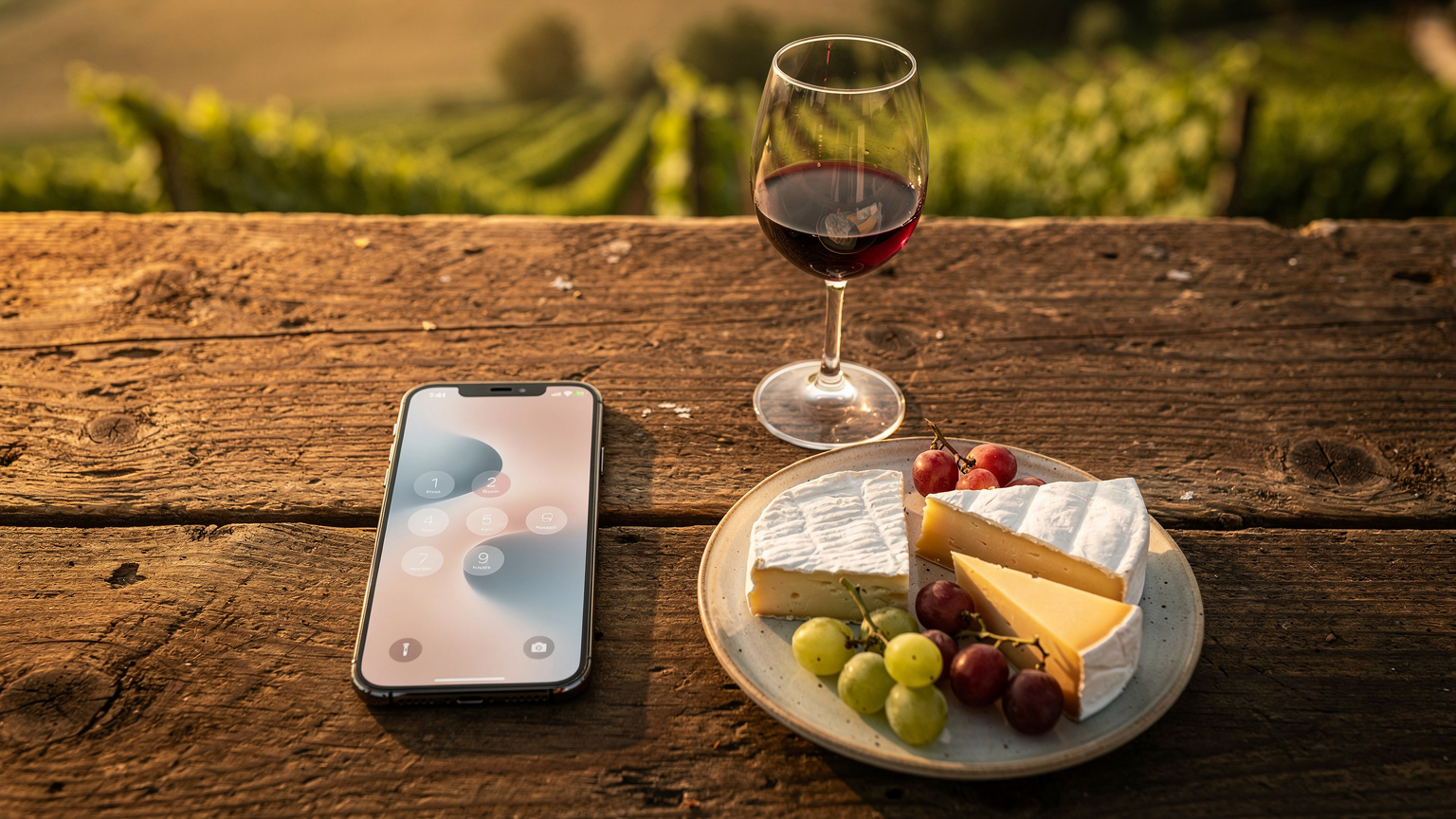Moderní smartphone s aktivní eSIM leží na dřevěném stole vedle sklenice moravského červeného vína a talíře s místními sýry, s rozmazanými vinicemi v pozadí.