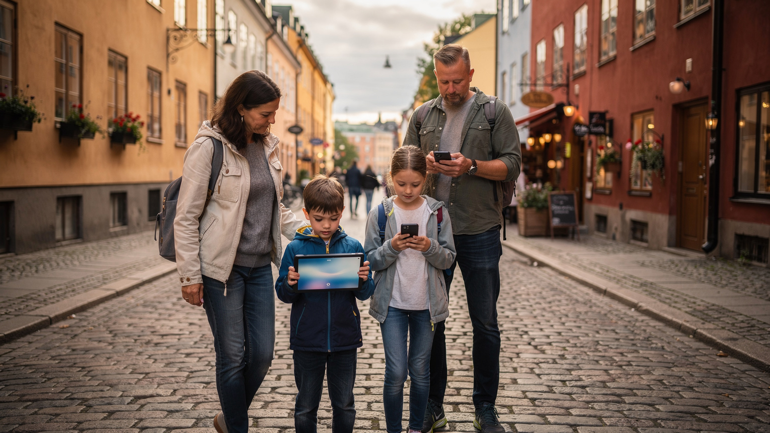 En familj på en livlig gata i Gamla stan, Stockholm, där barnen tittar på en surfplatta medan föräldrarna navigerar med sin telefon.