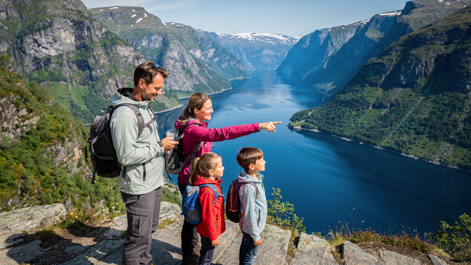En översiktsbild av en familj vid en vacker fjord i Norge, där de njuter av naturen medan föräldrarna diskret kontrollerar sin eSIM-anslutning.