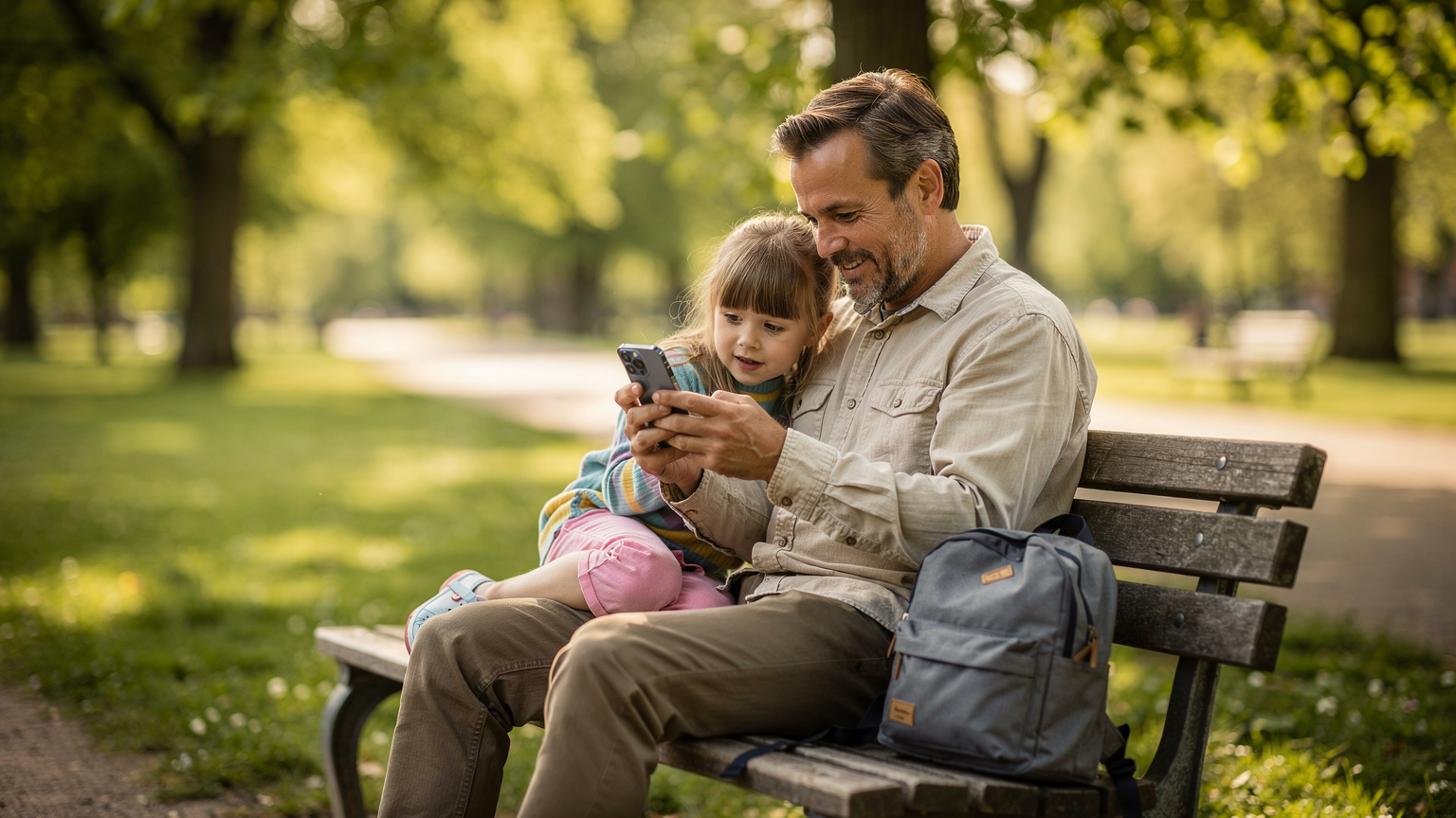 En pappa och hans dotter sitter på en parkbänk i en lugn del av Göteborg. Pappan visar något på sin telefon, medan dottern ser intresserad ut, med en ryggsäck bredvid sig.
