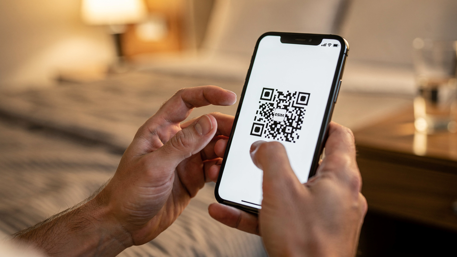 Nahaufnahme von Händen, die ein Smartphone halten, auf dem ein QR-Code für die eSIM-Aktivierung angezeigt wird, mit unscharfem Hintergrund eines Hotelzimmers.