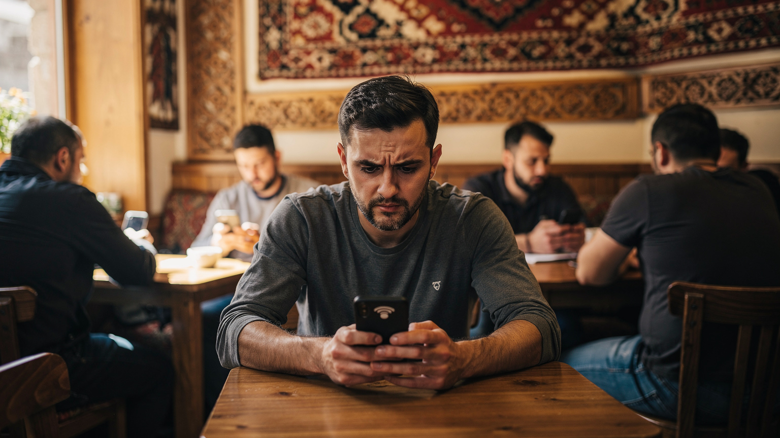Ein Reisender sitzt frustriert in einem überfüllten Café in Prizren, starrt auf sein Smartphone ohne Netzempfang, während andere um ihn herum problemlos ihre Geräte nutzen.