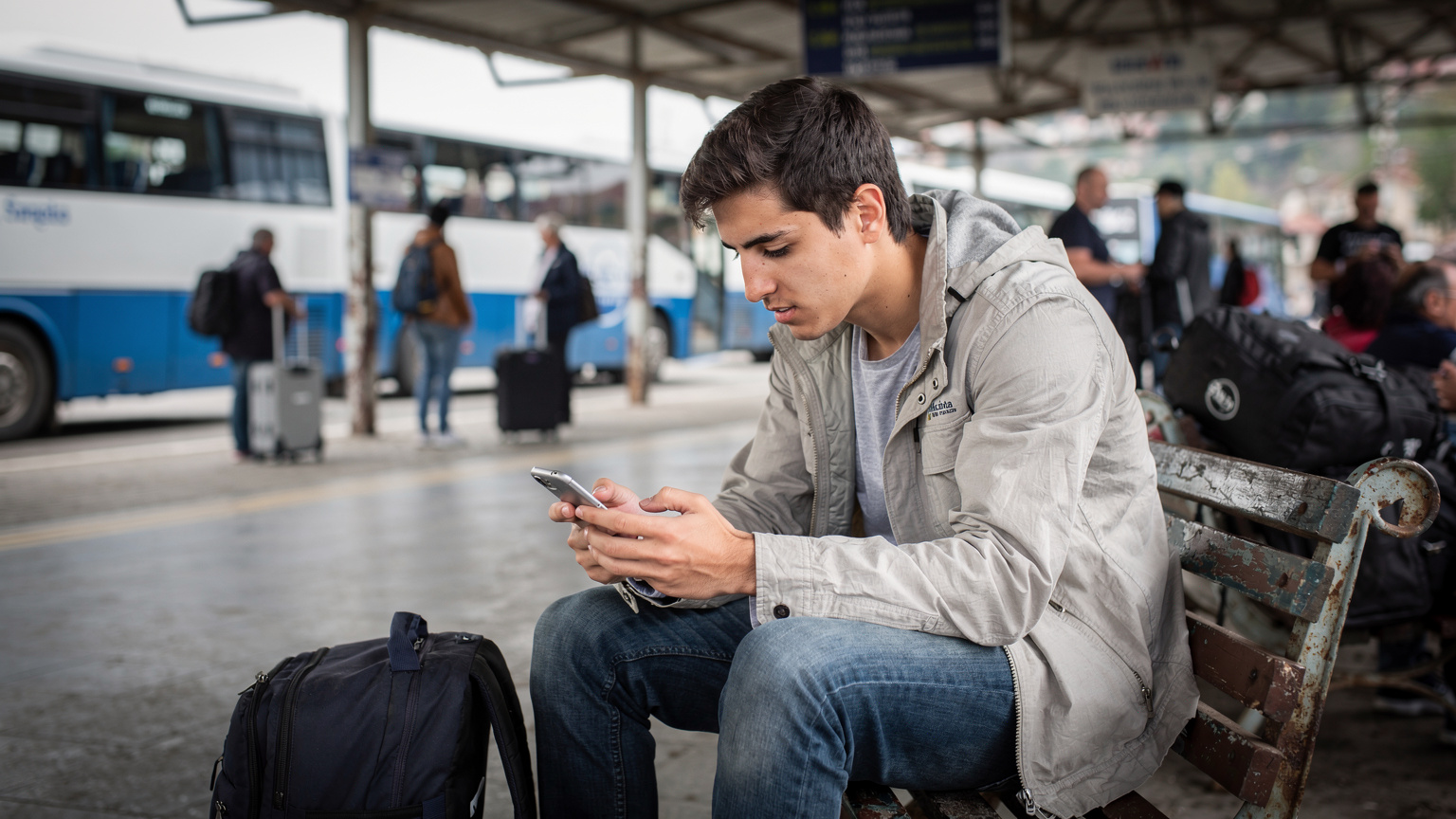 Ein junger Reisender überprüft auf seinem Smartphone die eSIM-Einstellungen, während er auf einem belebten Busbahnhof in Pristina auf seinen Anschluss wartet.
