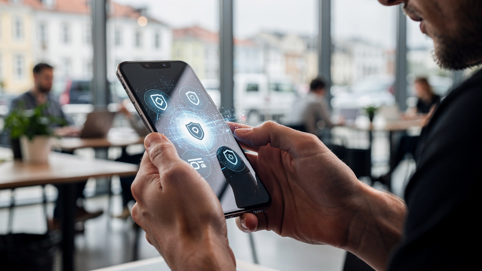 Bir dijital göçebenin elinde tuttuğu akıllı telefon ekranında, güvenli ödeme ikonları ve şifreli veri akışı sembolleri belirirken, arka planda bulanık bir şehir manzarası.
