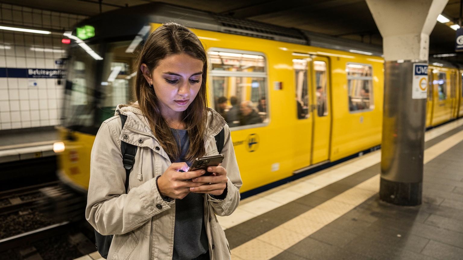 Studentka przegląda rozkład jazdy na smartfonie na stacji metra w Berlinie, z widocznymi charakterystycznymi żółtymi pociągami BVG w tle.