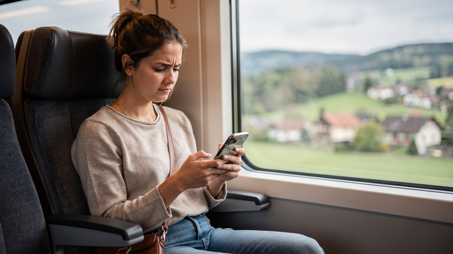 Młoda studentka sprawdza mapę na smartfonie, siedząc w pociągu InterCity Express (ICE) w Niemczech, z widokiem na typowy europejski krajobraz za oknem.