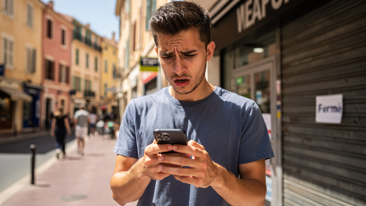 Młody mężczyzna, student Erasmusa, z zakłopotaną miną trzyma smartfon w ręku, stojąc przed zamkniętym sklepem z elektroniką w Marsylii, symbolizując problem z brakiem dostępu do internetu.