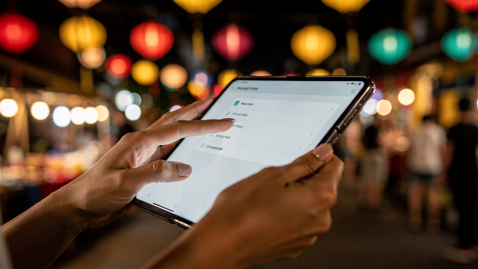 Một phụ nữ trẻ đang dùng điện thoại Samsung Galaxy Z Fold 7 gập mở, vuốt nhẹ trên màn hình để chọn một trong các hồ sơ eSIM đã cài đặt, với khung cảnh một khu chợ đêm nhộn nhịp ở Hội An, Việt Nam phía sau, hơi mờ.