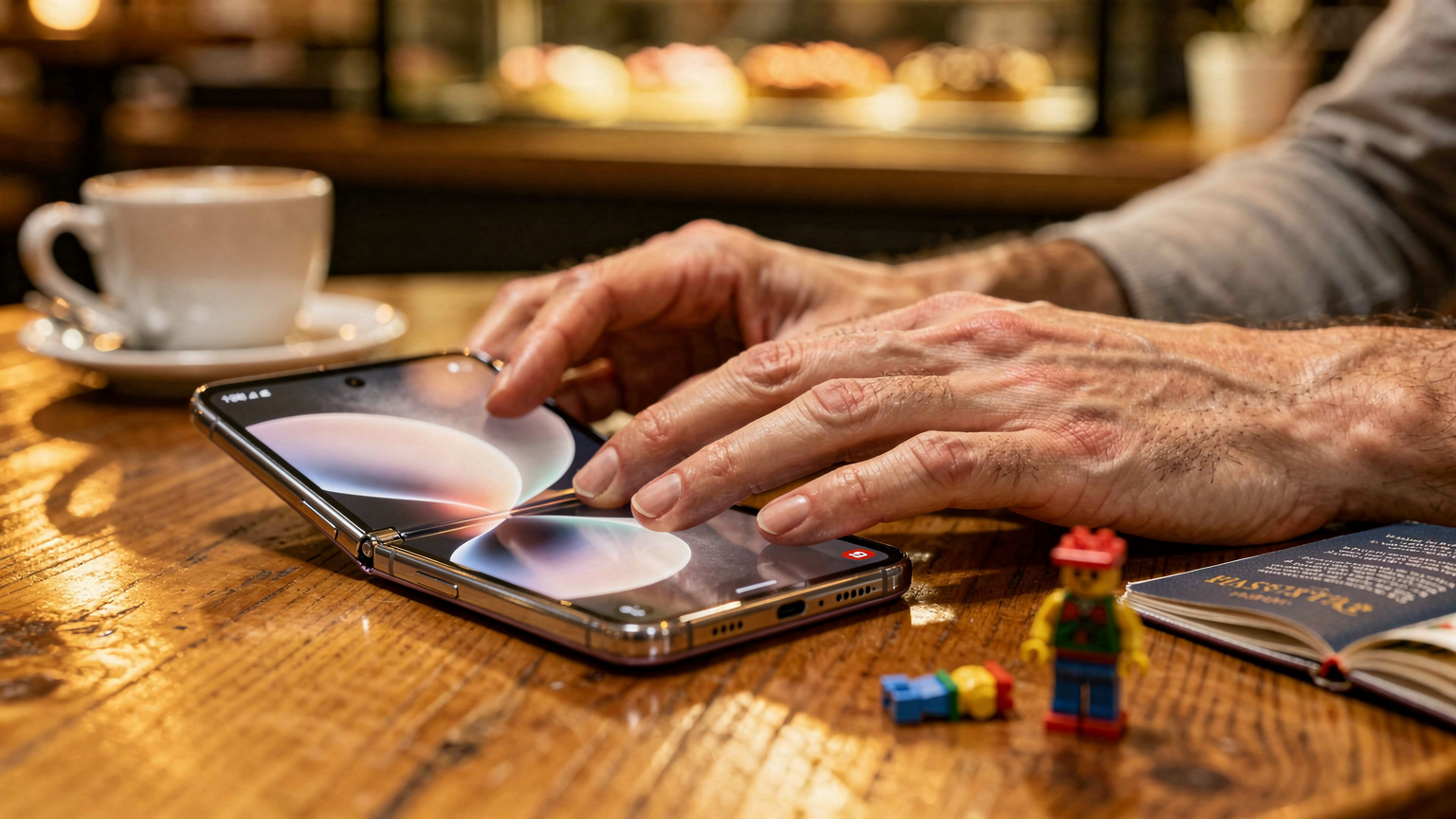 Mani di un genitore che scorrono le opzioni di un piano eSIM sul Samsung Galaxy Z Flip 8, mentre il telefono è posato su un tavolo di legno accanto a un passaporto aperto e un piccolo giocattolo per bambini, in un caffè accogliente a Vienna.