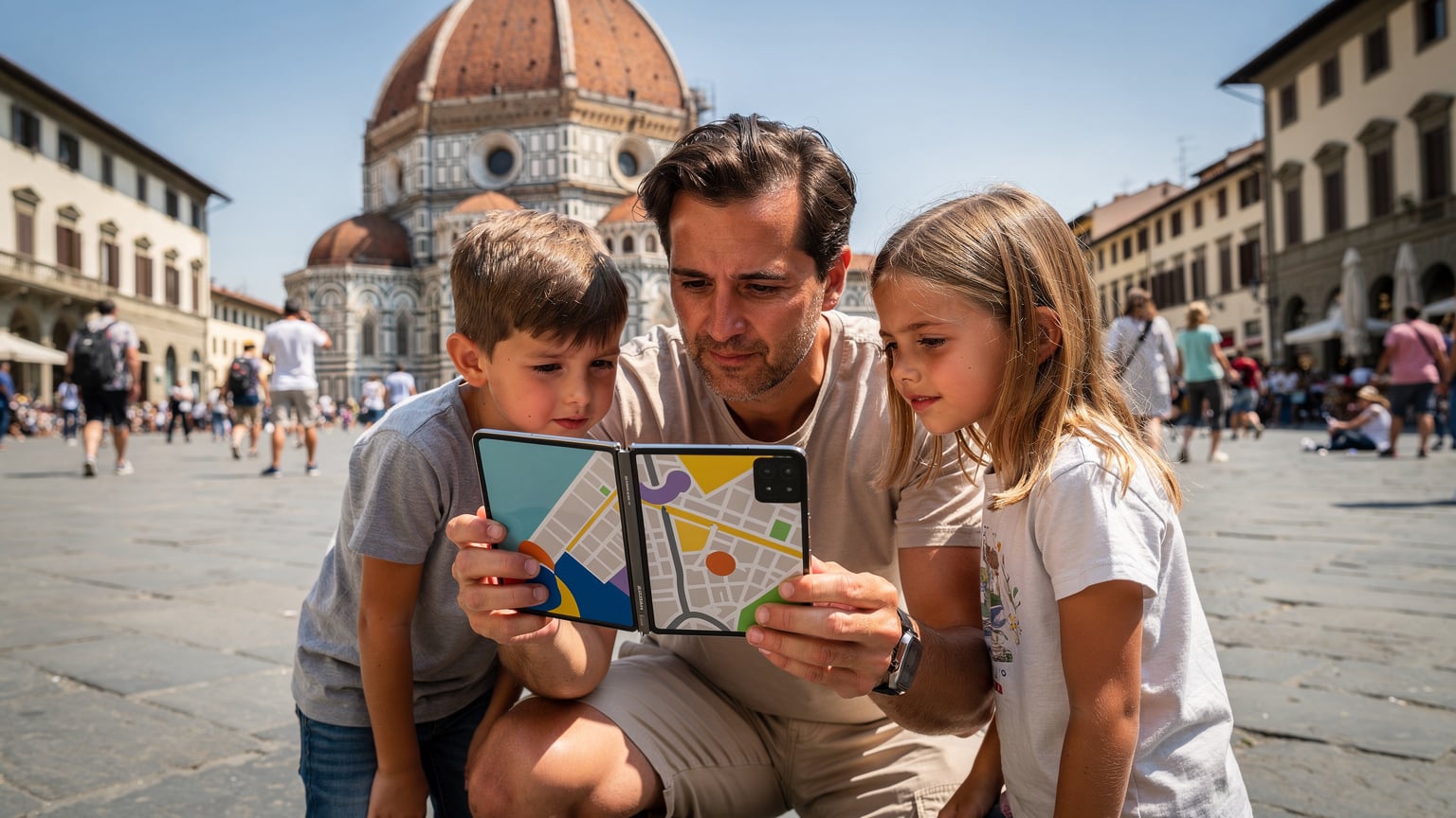 Un padre sta mostrando una mappa sul suo Samsung Galaxy Z Fold 8 aperto a due bambini curiosi in una piazza affollata di Firenze, con il Duomo sullo sfondo.