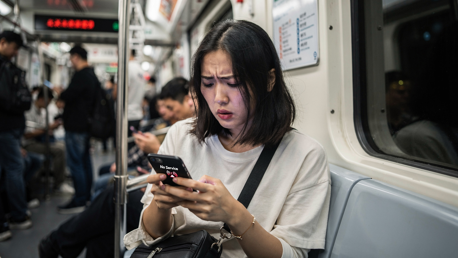 一位中国女性旅行者坐在北京地铁车厢里,神情有些困扰地看着手中的iPhone,屏幕上显示着“无服务”或网络连接错误的信息,暗示着旅行中可能遇到的网络问题。