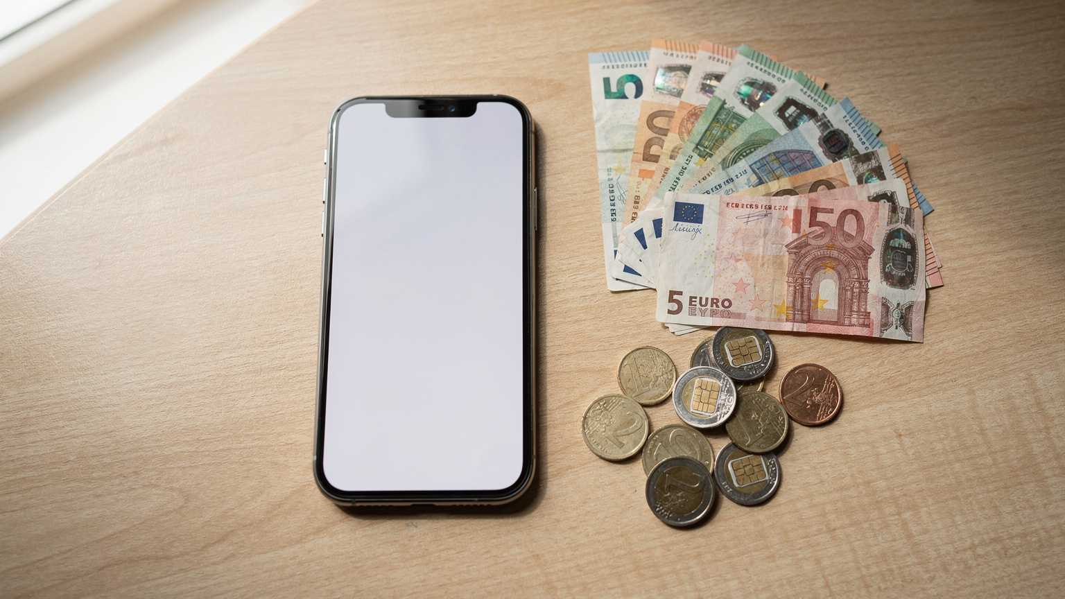 Мобільний телефон із відкритим додатком для порівняння тарифів eSIM та місцевих SIM-карт, лежачи на столі поруч з євро купюрами.