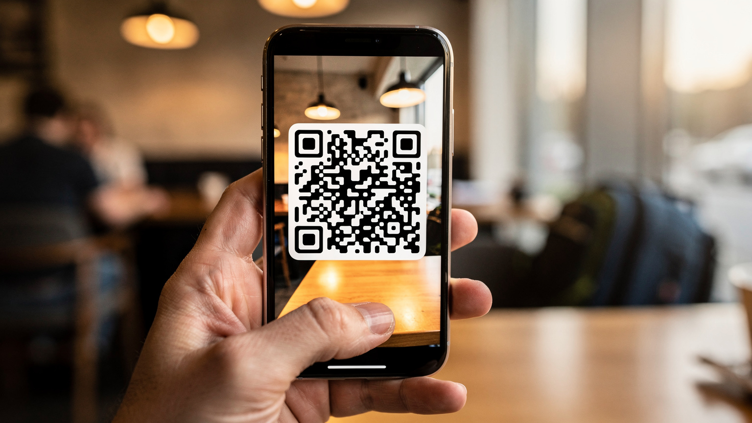 一隻手正在手機上操作,準備掃描eSIM的QR Code,背景是模糊的咖啡館環境,暗示旅途中的便捷設置。