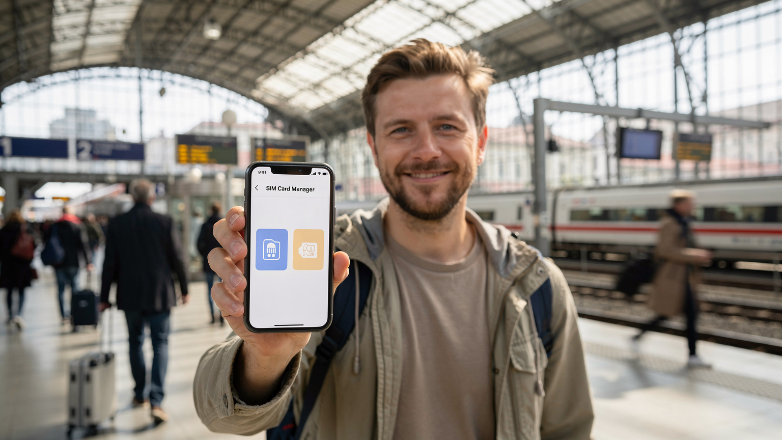 Ein Reisender zeigt sein Smartphone-Display mit der SIM-Karten-Verwaltung in den Einstellungen, auf dem zwei aktive eSIM-Profile sichtbar sind, im Hintergrund ist ein belebter Bahnhof zu sehen.