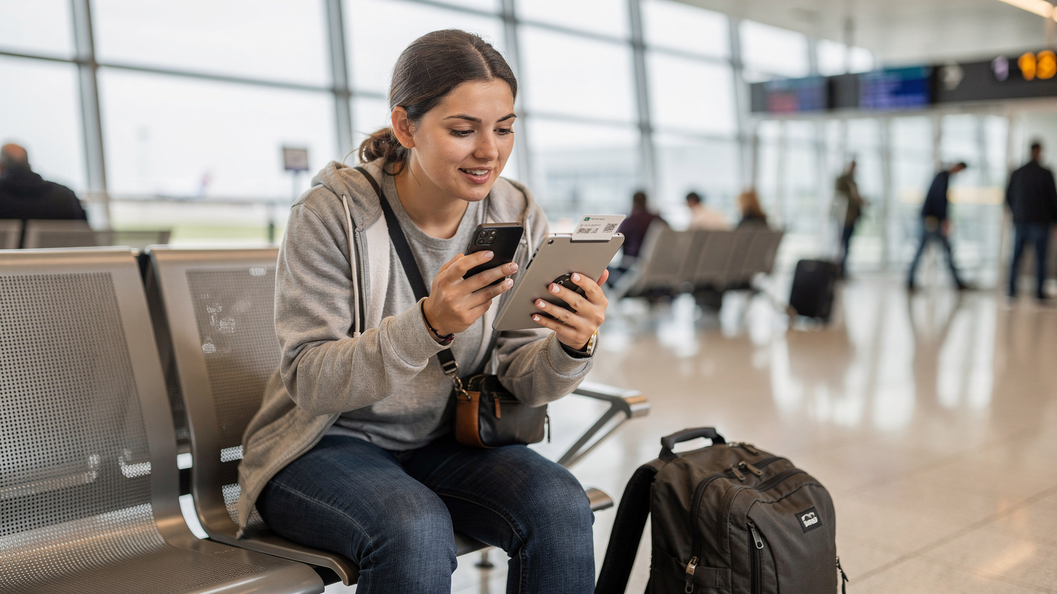 Eine junge Reisende scannt mit ihrem Smartphone einen QR-Code von einem Tablet, um ihre eSIM zu aktivieren, während sie am Flughafen auf ihren Flug wartet.