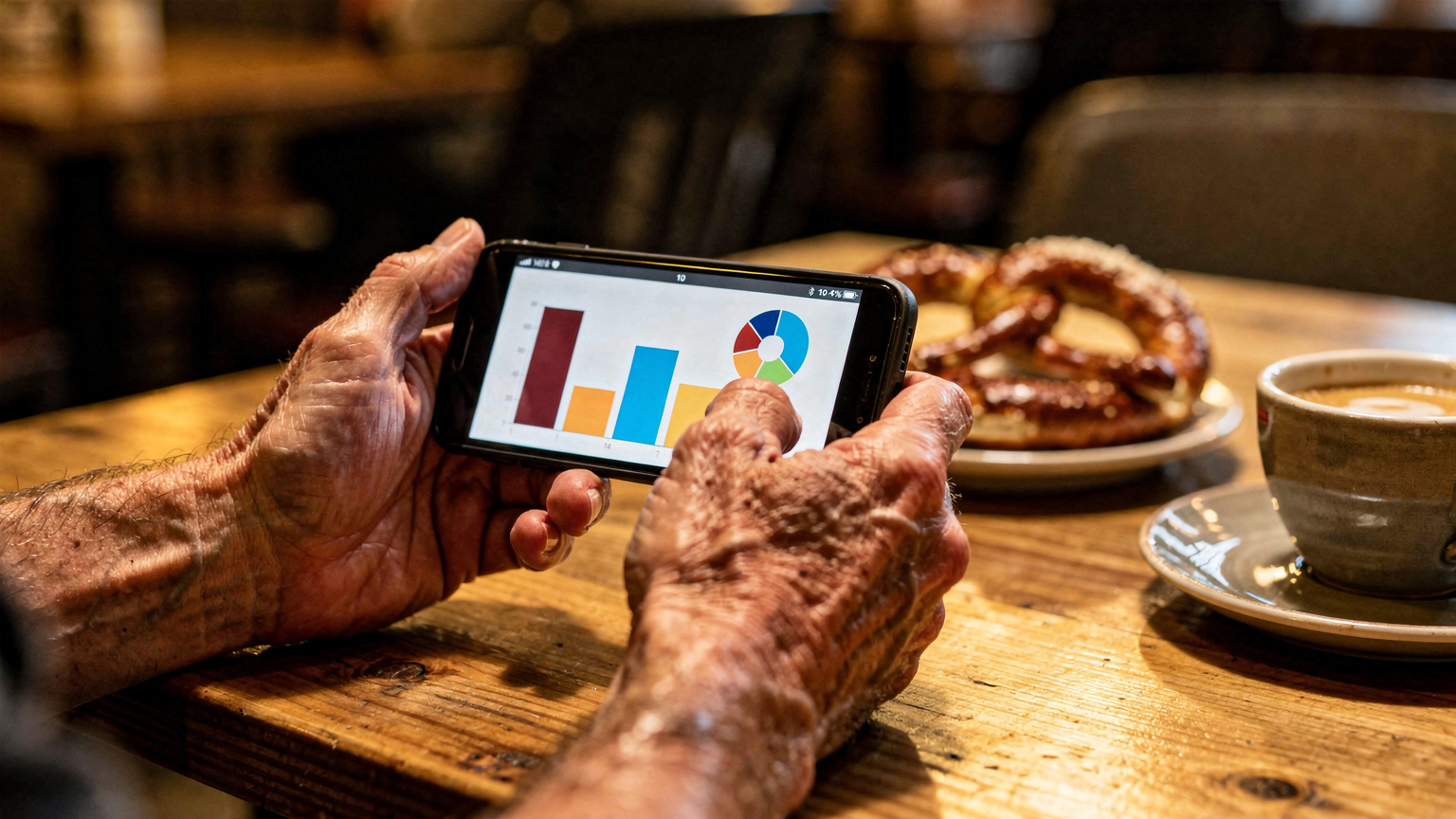 Nahaufnahme von Händen, die ein Smartphone halten, auf dem eine App den aktuellen Datenverbrauch anzeigt, mit einer unscharfen Café-Umgebung im Hintergrund.