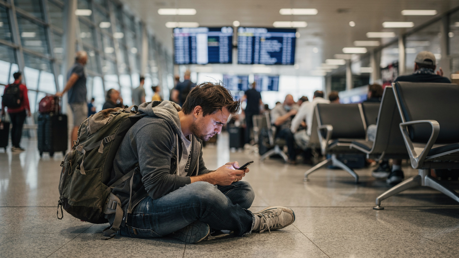 Ein Reisender sitzt auf dem Boden eines belebten Flughafenterminals, schaut besorgt auf sein Smartphone und versucht, eine Verbindung herzustellen, während andere Reisende vorbeieilen.