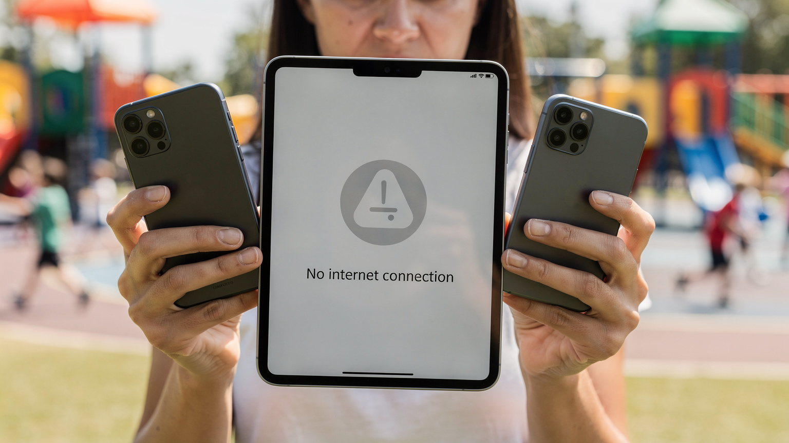 Yoğun bir çocuk oyun alanının arka planında, bir annenin elinde iki telefon ve bir tablet var, tablet ekranında 'veri bitti' uyarısı belirmiş ve anne endişeyle bakıyor.