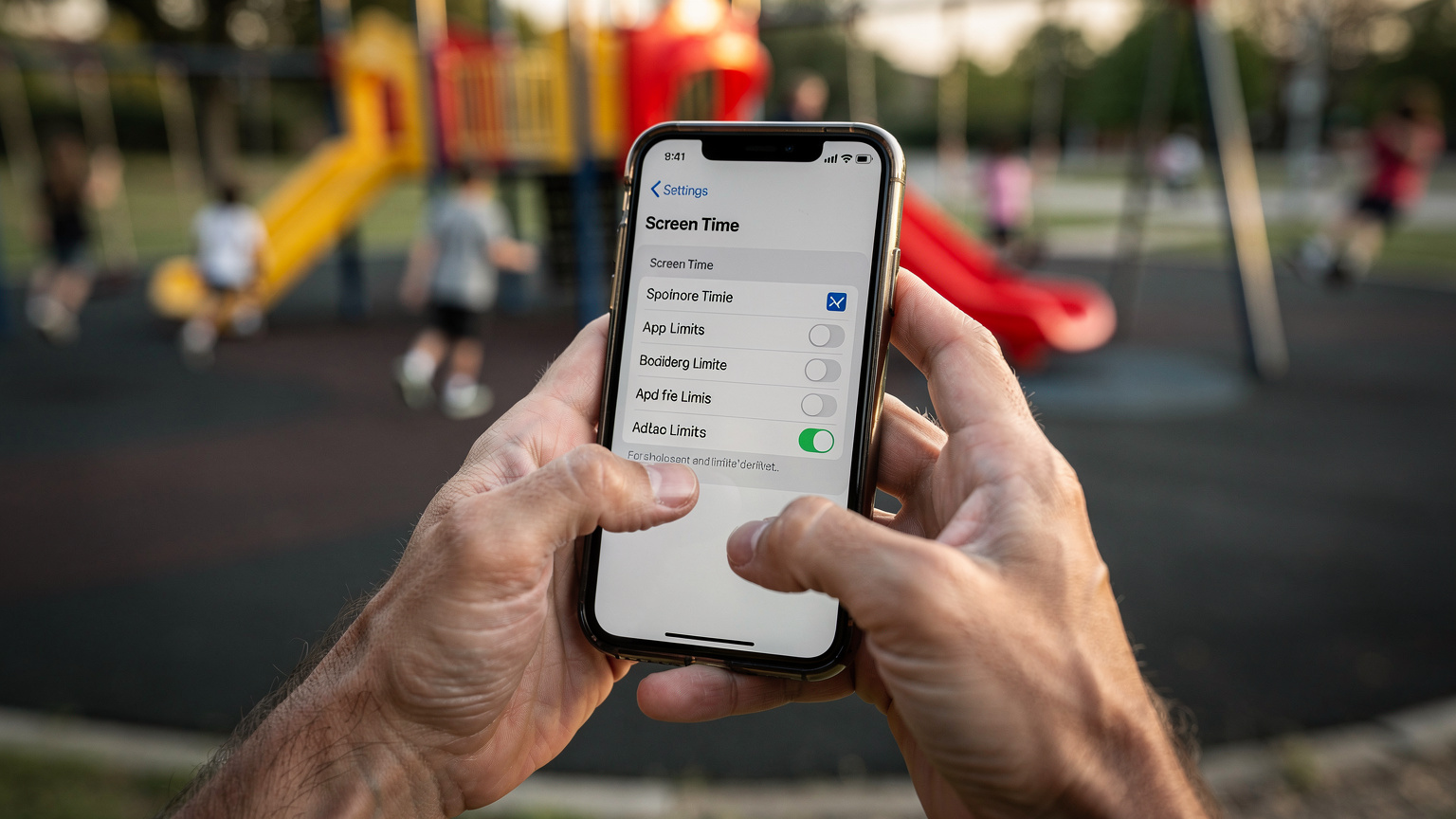 Bir ebeveynin akıllı telefonunda Apple'ın 'Ekran Süresi' ayarları açık, çocuklarının internet kullanım limitlerini ayarlıyor. Arka planda bir çocuk parkı silüeti.