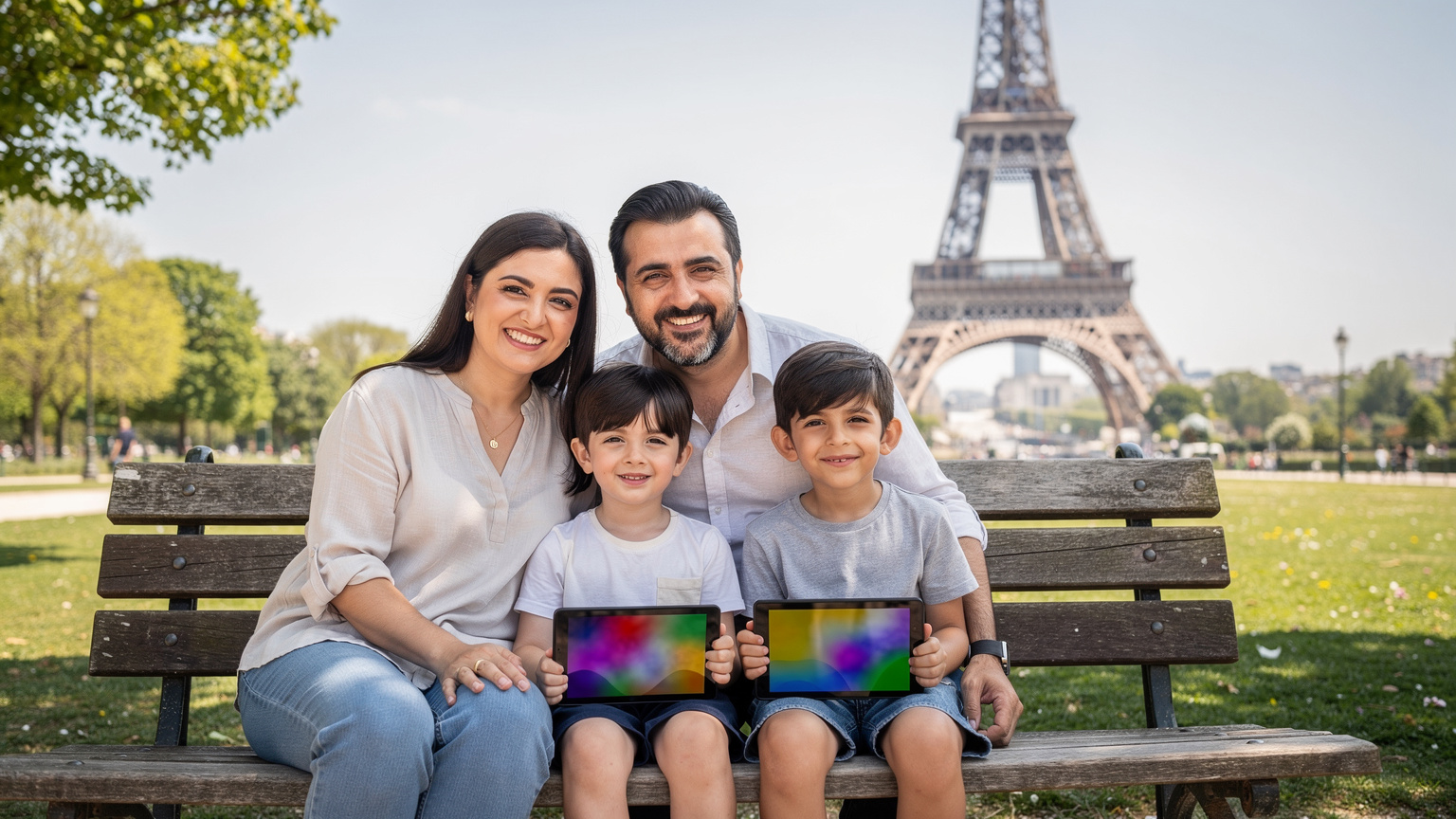 Paris'te Eyfel Kulesi yakınlarında bir bankta oturan Türk aile, çocukları tabletlerinde çizgi film izlerken gülümsüyor.