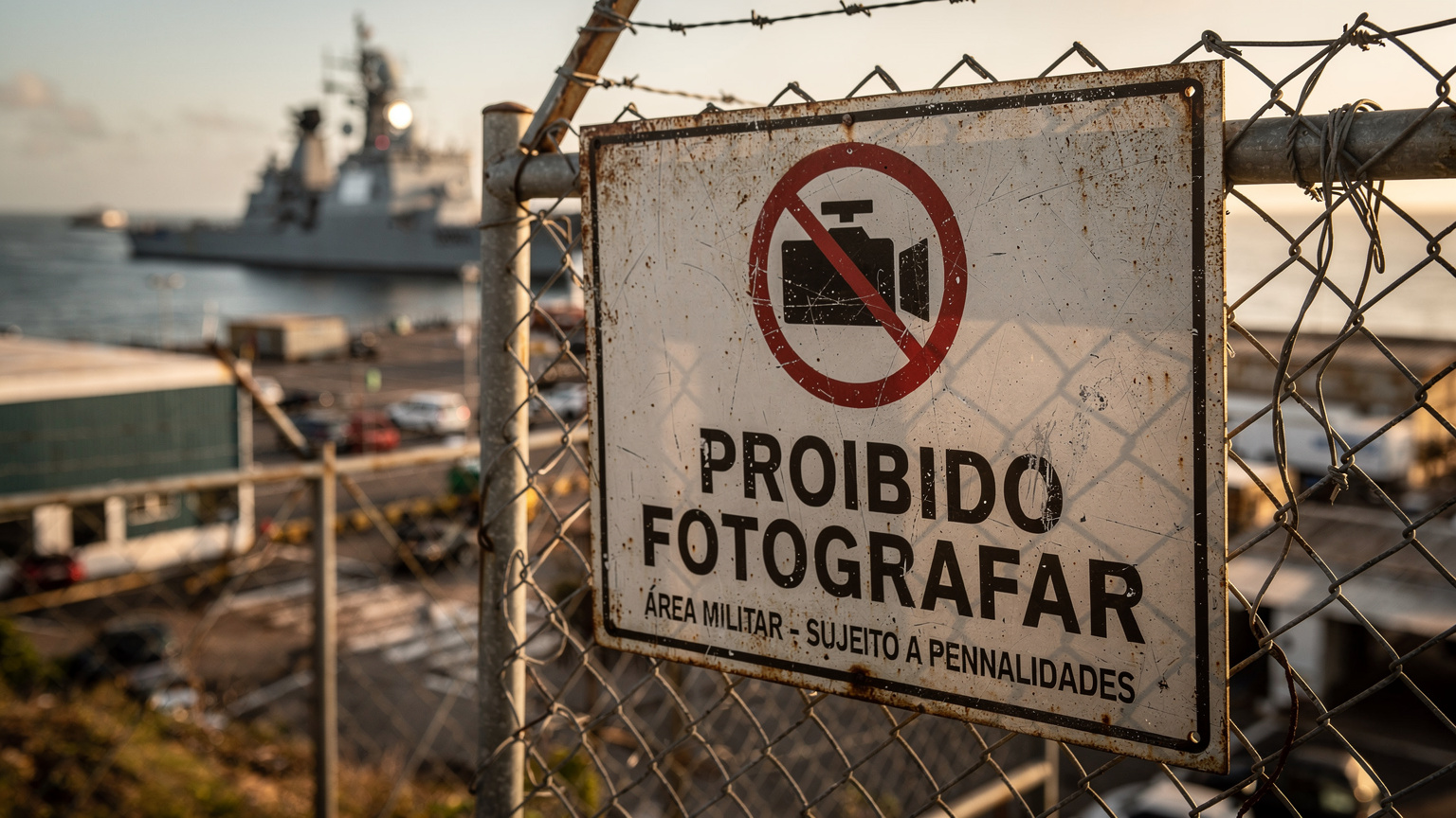 Un cartello di divieto di scattare foto in un'area portuale militare a Salvador, Bahia, con una nave da guerra sfocata in lontananza e il sole che crea forti ombre.
