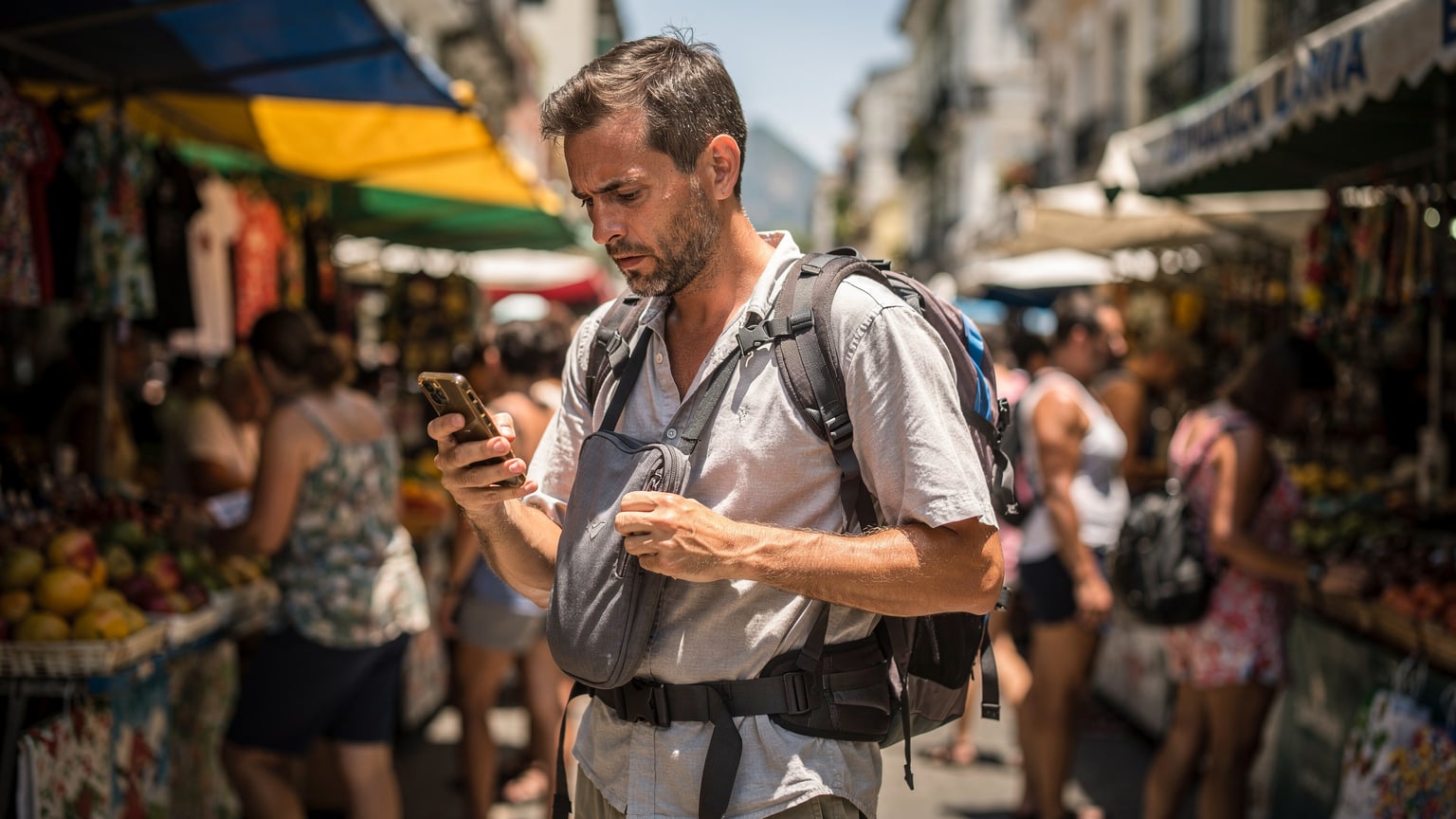Un uomo con uno zaino leggero controlla il suo smartphone con un'espressione preoccupata, in mezzo a una folla in un mercato di strada di Rio de Janeiro, tenendo la mano sulla cerniera dello zaino.