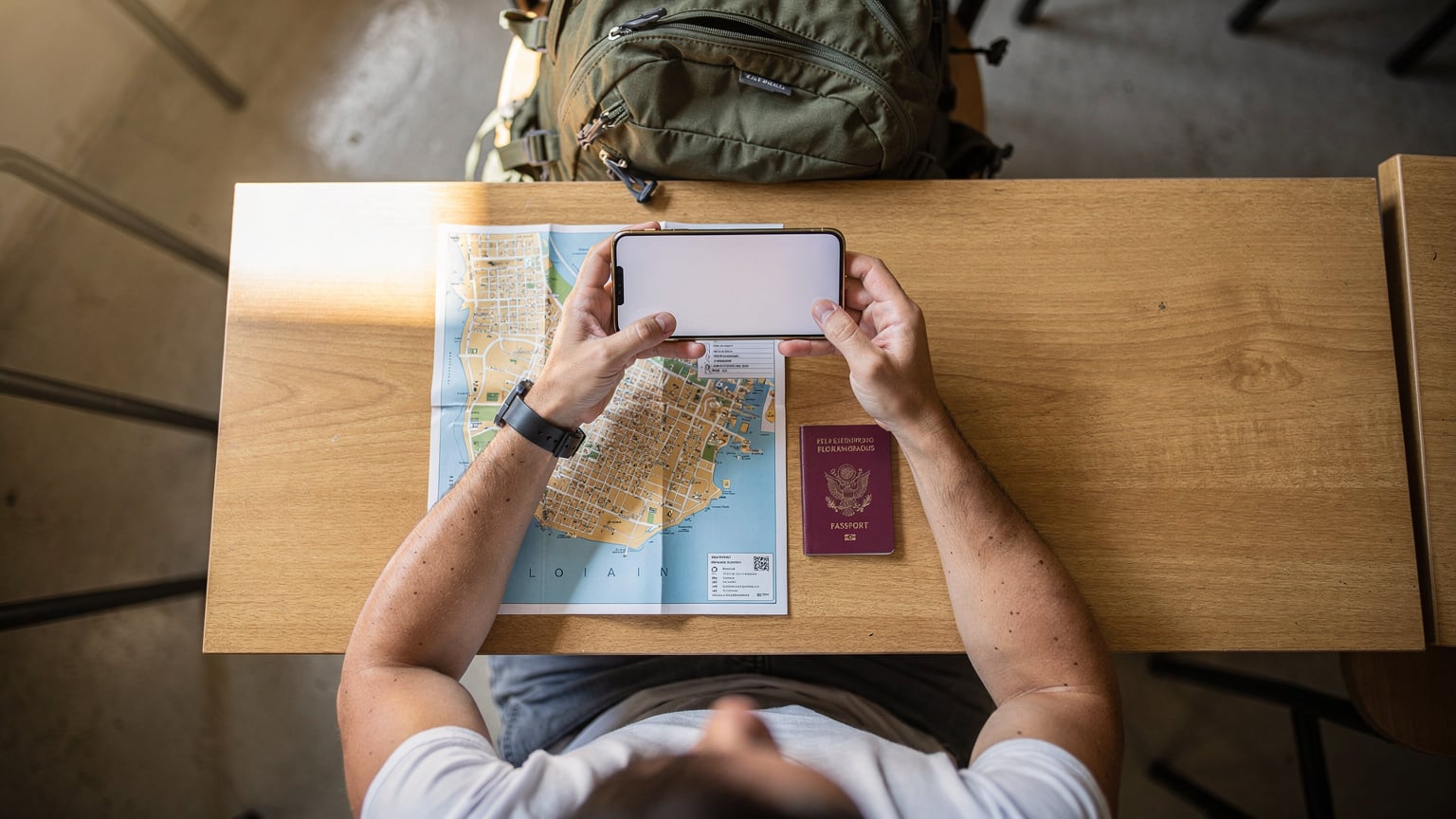 Una persona in un ostello di Florianopolis, Brasile, con lo zaino in spalla, sta per partire e controlla l'attivazione della sua eSIM sul telefono, con una mappa della città e un passaporto sul tavolo.