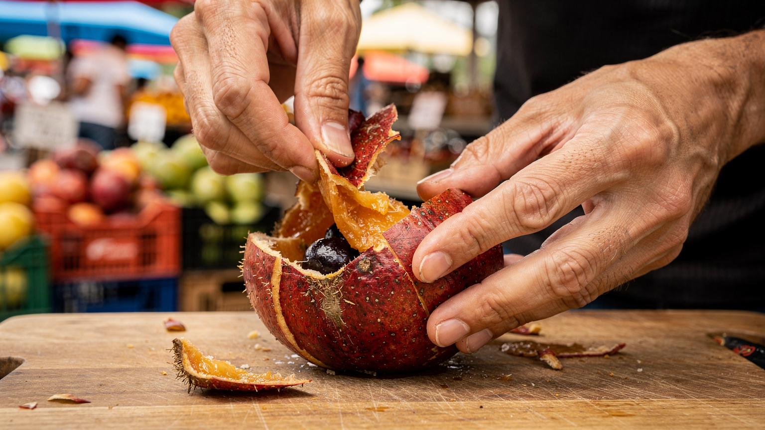 Mani che sbucciano una colorata frutta tropicale esotica acquistata da un mercato di strada affollato a Rio de Janeiro, con bancarelle di frutta sfocate sullo sfondo.