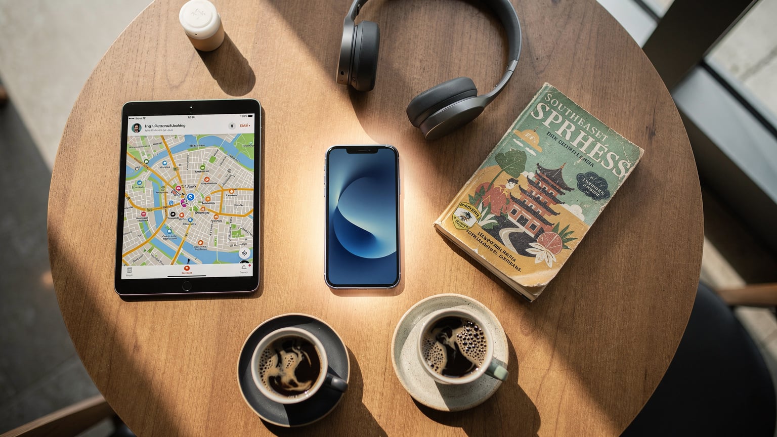 Pandangan atas meja kopi dengan sebuah telefon pintar memancarkan hotspot, dikelilingi oleh tablet dan buku panduan perjalanan, menunjukkan perkongsian internet untuk keluarga.