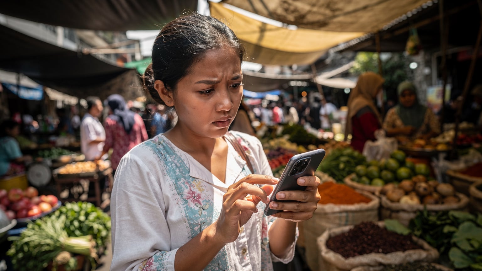 Seorang ibu muda memegang telefon pintar, membandingkan pilihan eSIM untuk perjalanan di pasar tradisional yang sibuk di Jakarta.